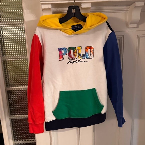 Polo Ralph Lauren Color Block Hoodie Unisex Size Large 14-16 Unique - Picture 2 of 9